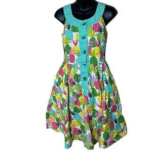 Retrolicious vintage artsy fit flare colorful pineapple fruit tropical dress sm